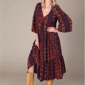 NATURAL LIFE Burgundy Floral Maxi Dress with Navy and Rust Accents